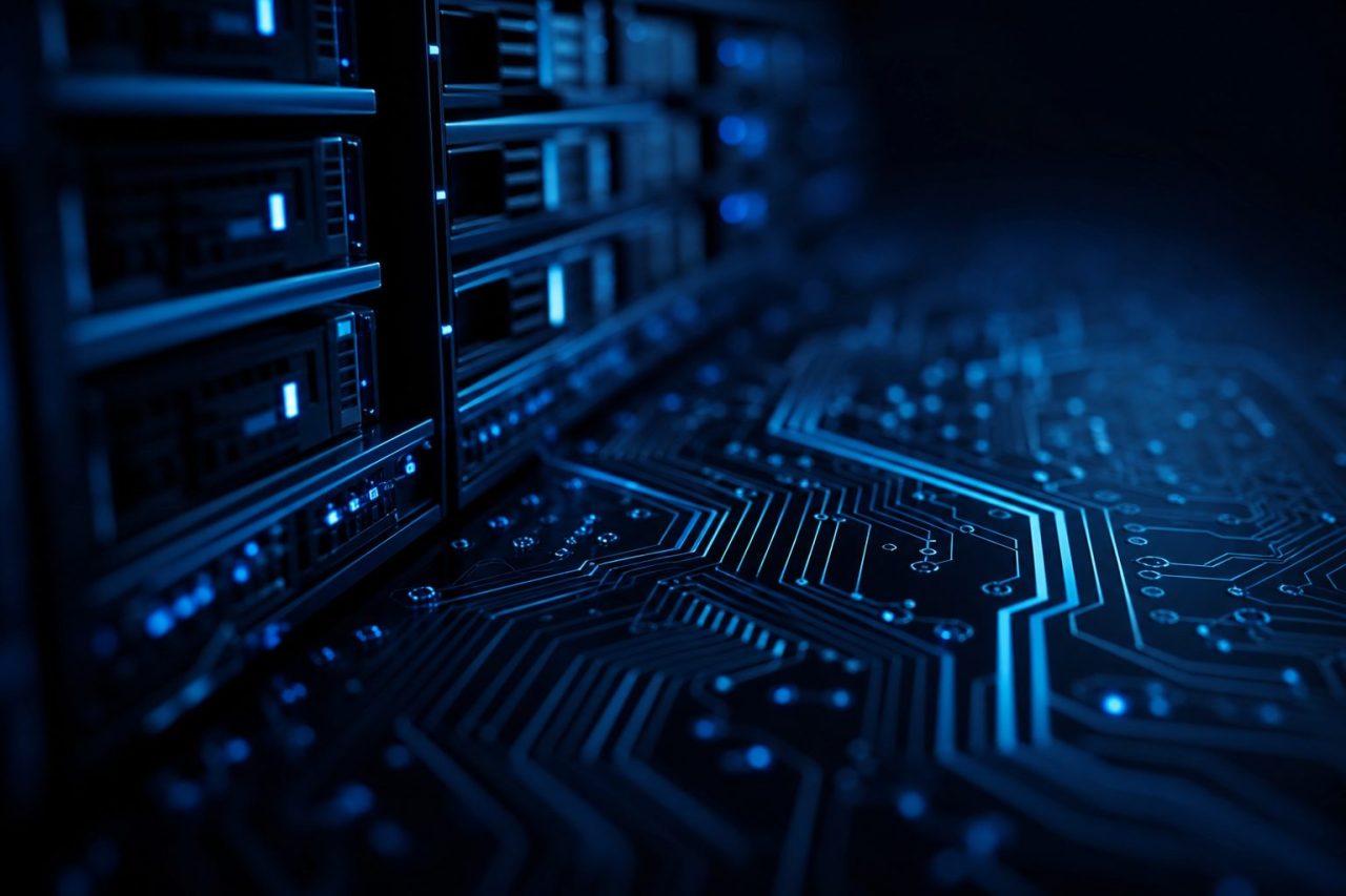 Server racks and circuit board with blue lighting