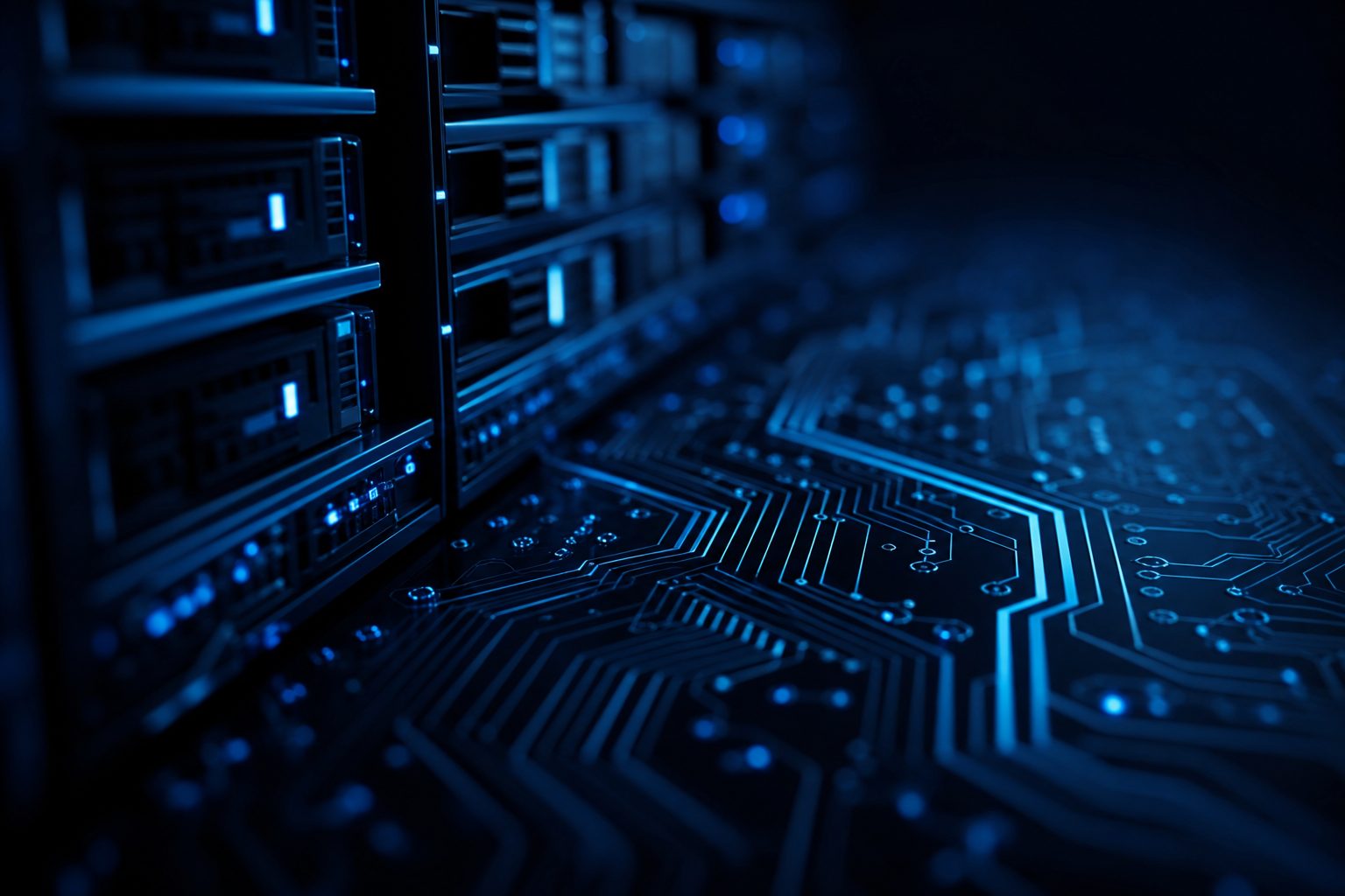 Server racks and circuit board with blue lighting